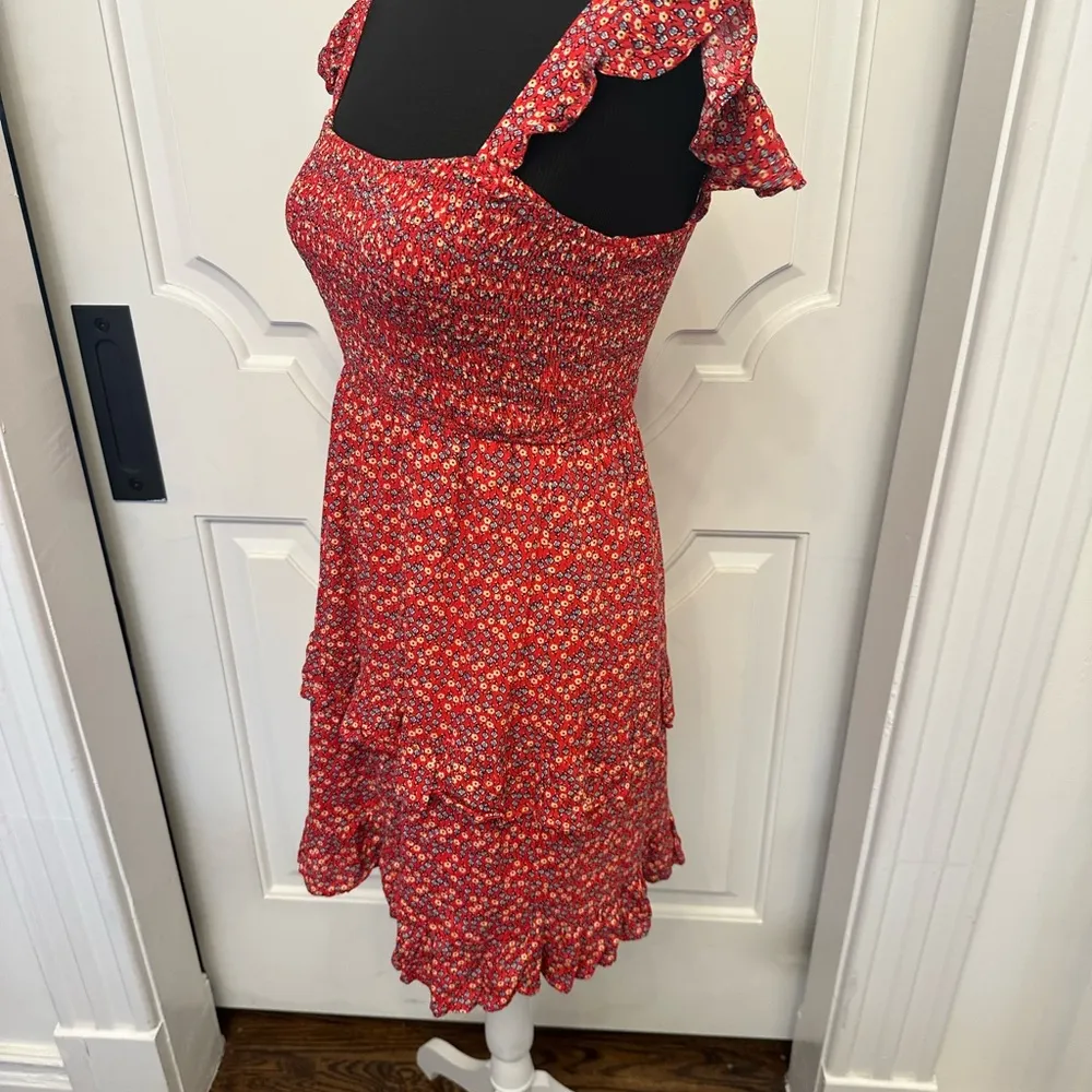 Altar’d State Floral Red Smocked Dress Flutter Straps Tiered Skirt NWOT - Image 5