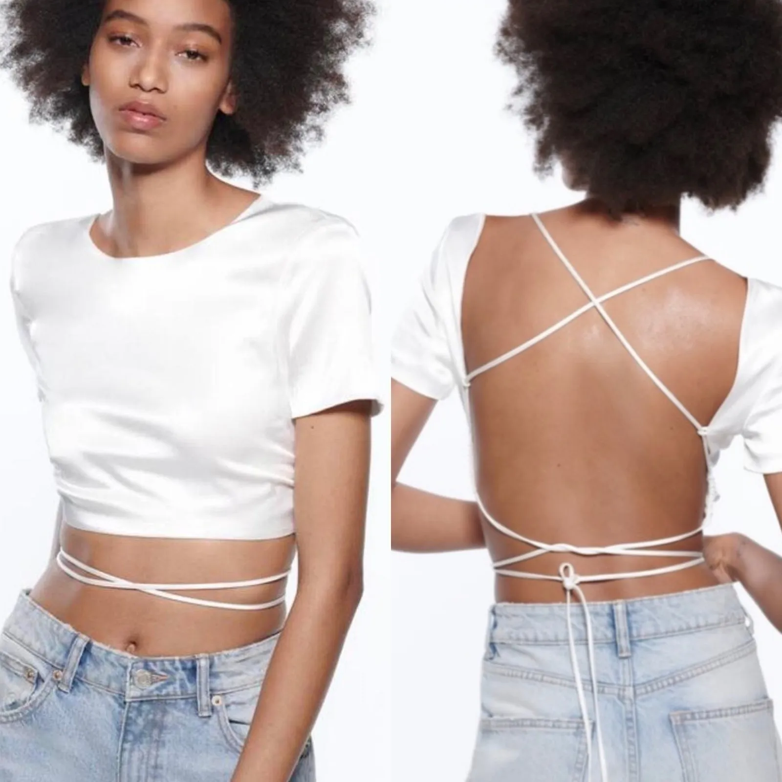 Zara White Satin Open-Back Wrap Crop Top size XS NWT - Image 2
