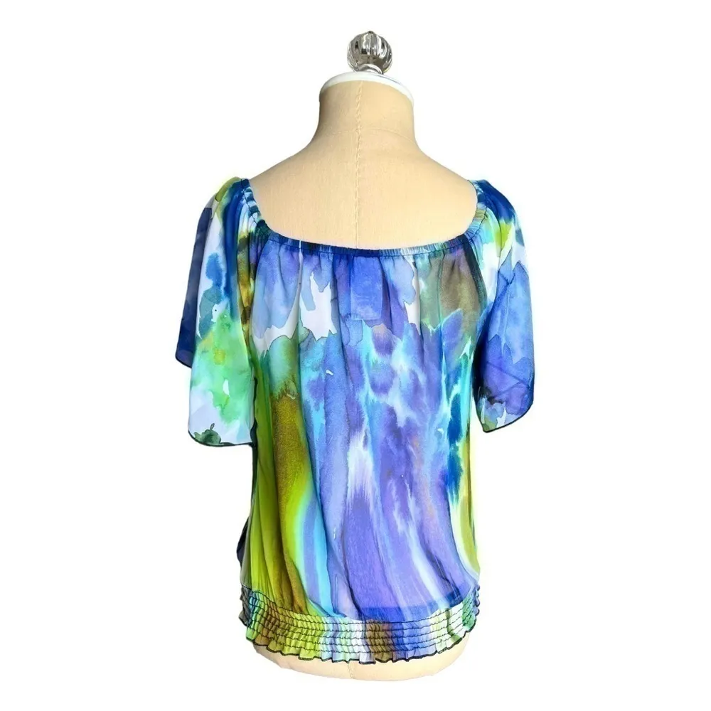 𝅺Wrapper Sheer Floral Blue & Green Watercolor Dreamy Flutter Sleeve Blouse XS - Image 5