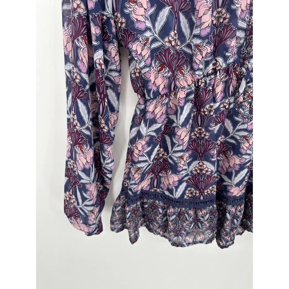 Taylor & Sage Purple Floral Long Sleeve Blouse Cut Out Front Tie Detail Women M - Image 3