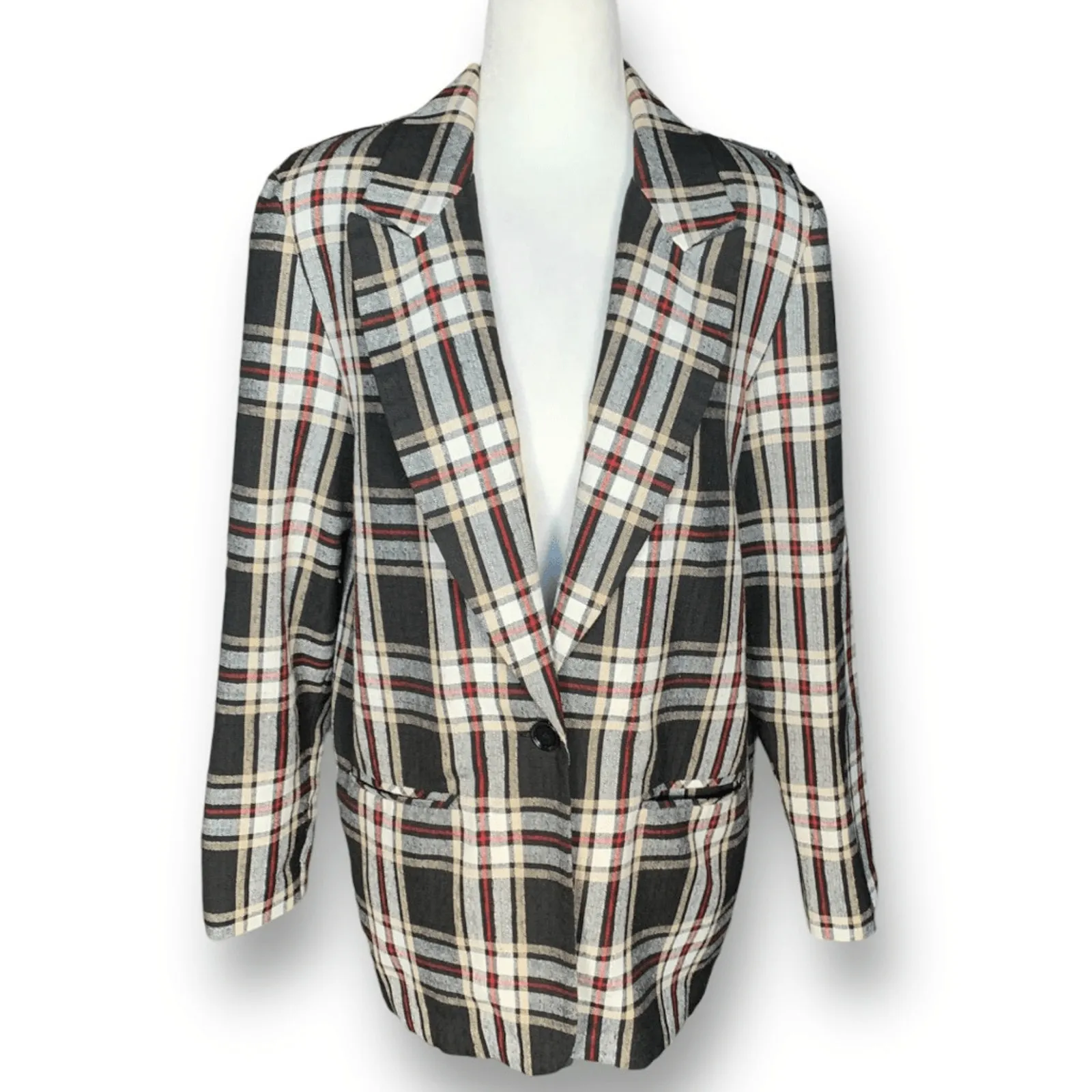 Vintage 90s Blazer Jacket Oversized Black Tan Plaid One Button Preppy Small - Image 2