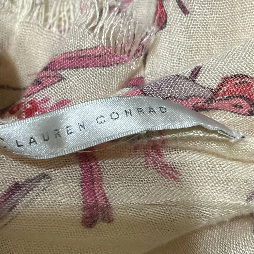 Lauren Conrad Lightweight Scarf Pink Cream Birds Fringe One Size - Image 2