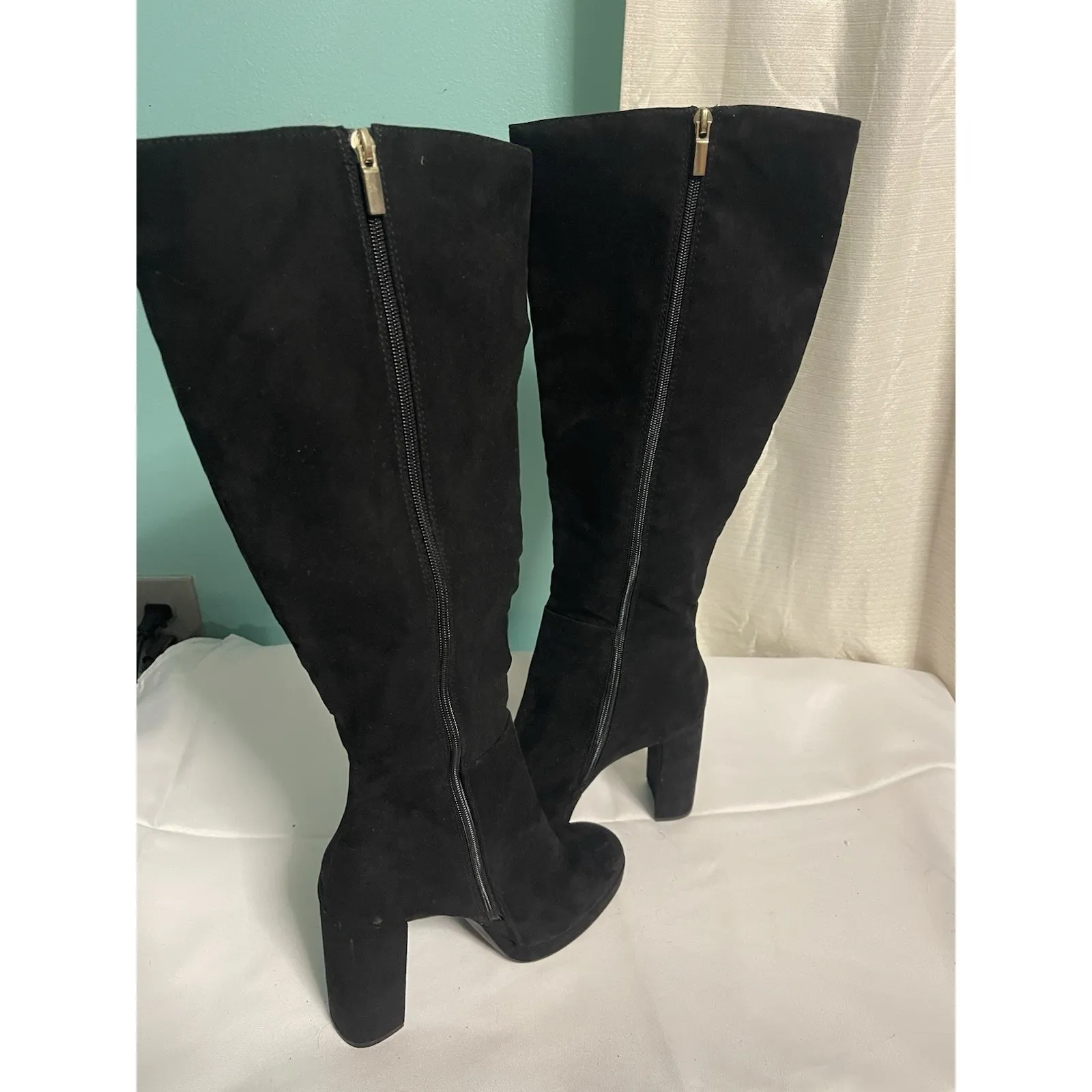Knee High Boots Women 10M Shoes Black Suede Block Heel Bin4 Size 10 - Image 5