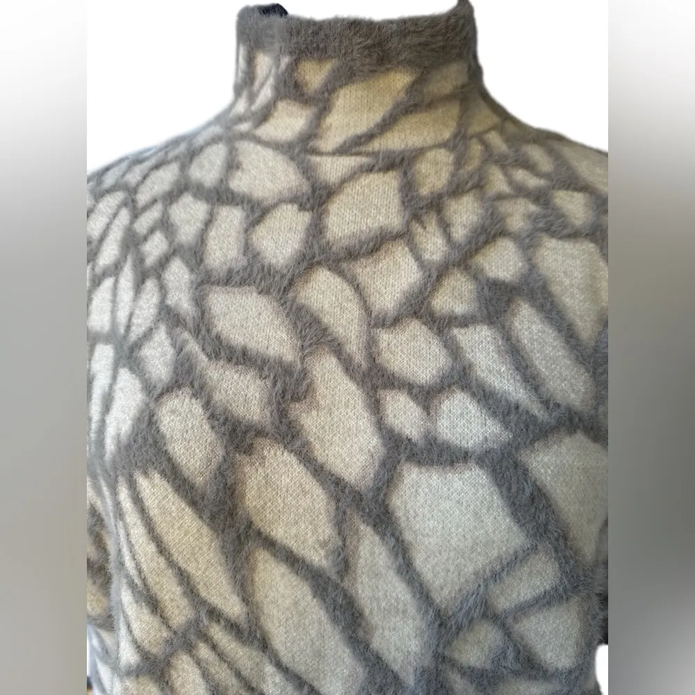 Halogen Fuzzy Abstract Stone Mock Neck Sweater Medium Cozy Gray Beige Fall - Image 6
