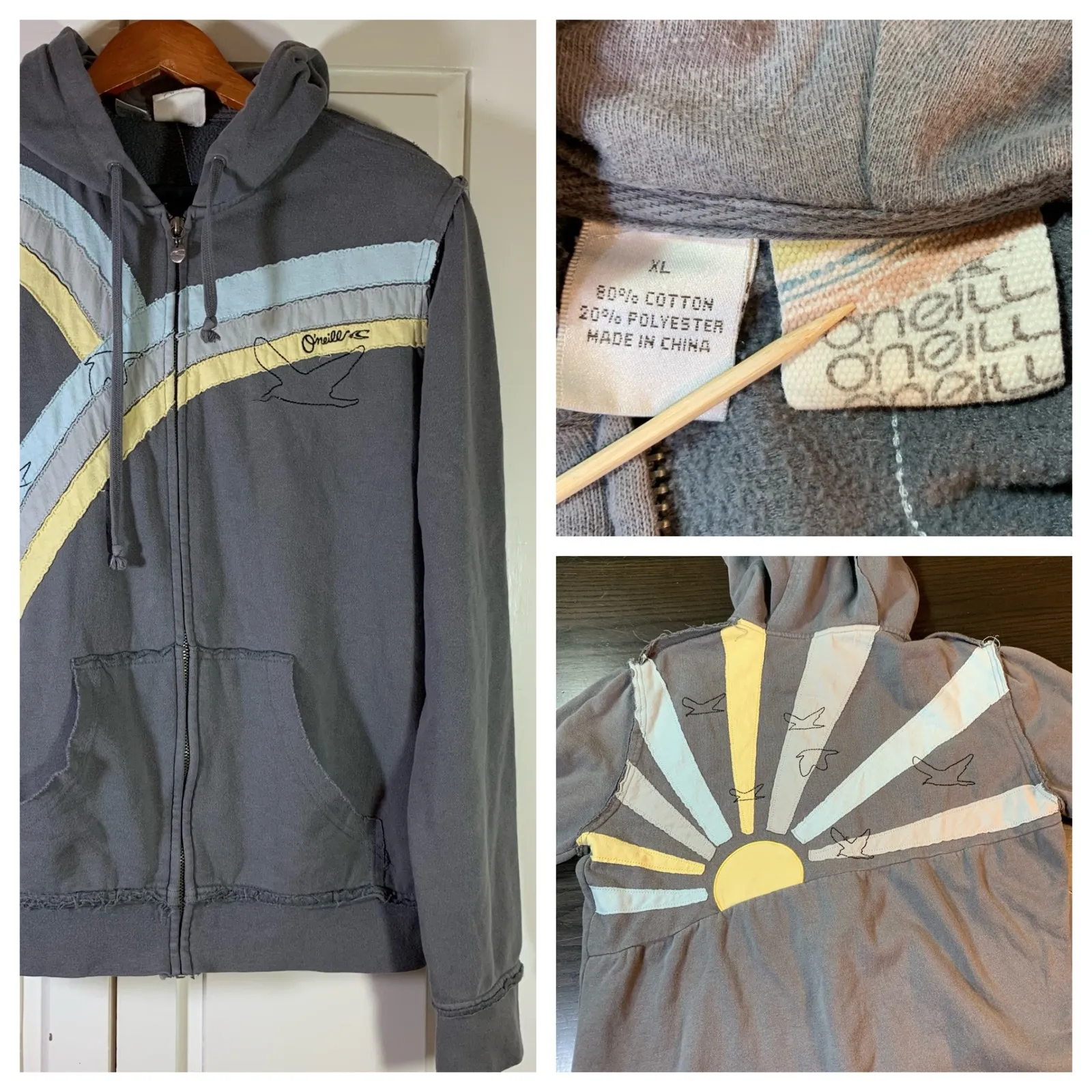 O'Neill Surf Zip Up Hoodie Womens XL Gray‎ Sun Graphic Embroidered Coastal - Image 2