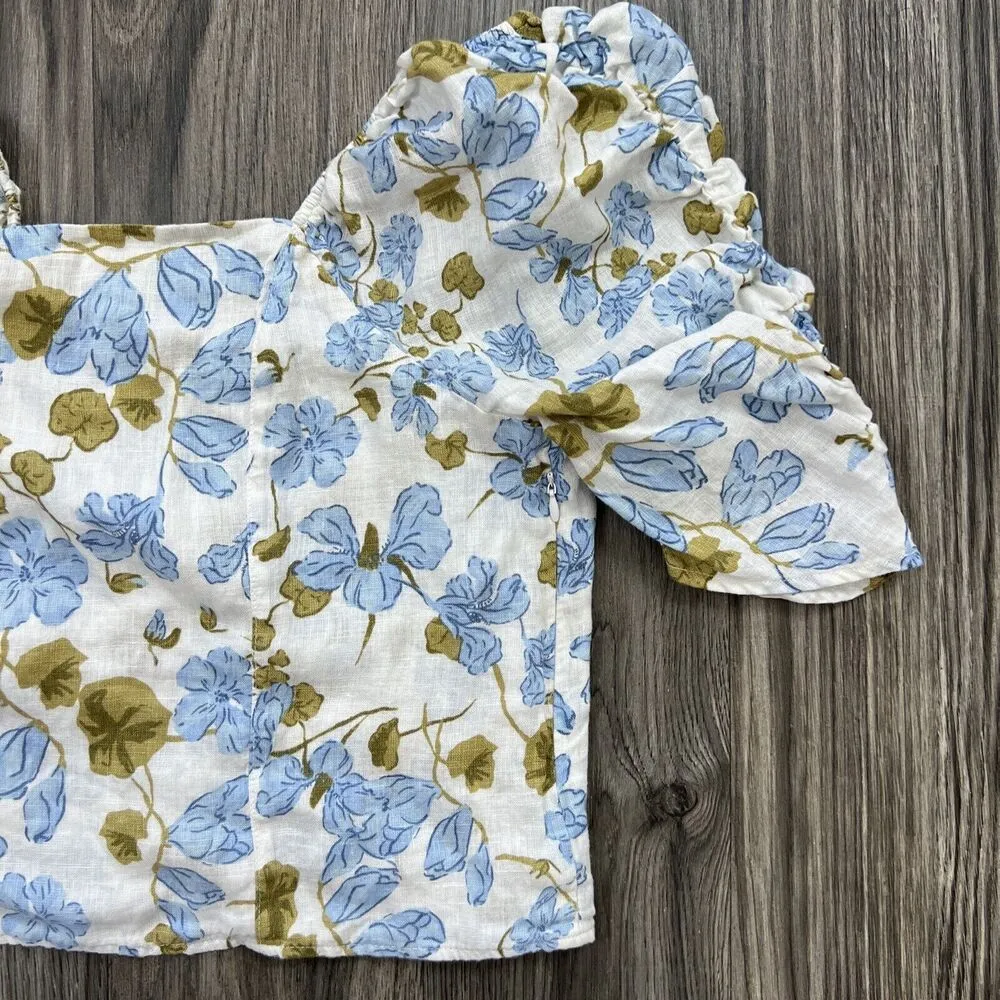 Joie Linen Linen Puff Sleeve Shirred Blue White Floral Blouse Size XL - Image 4
