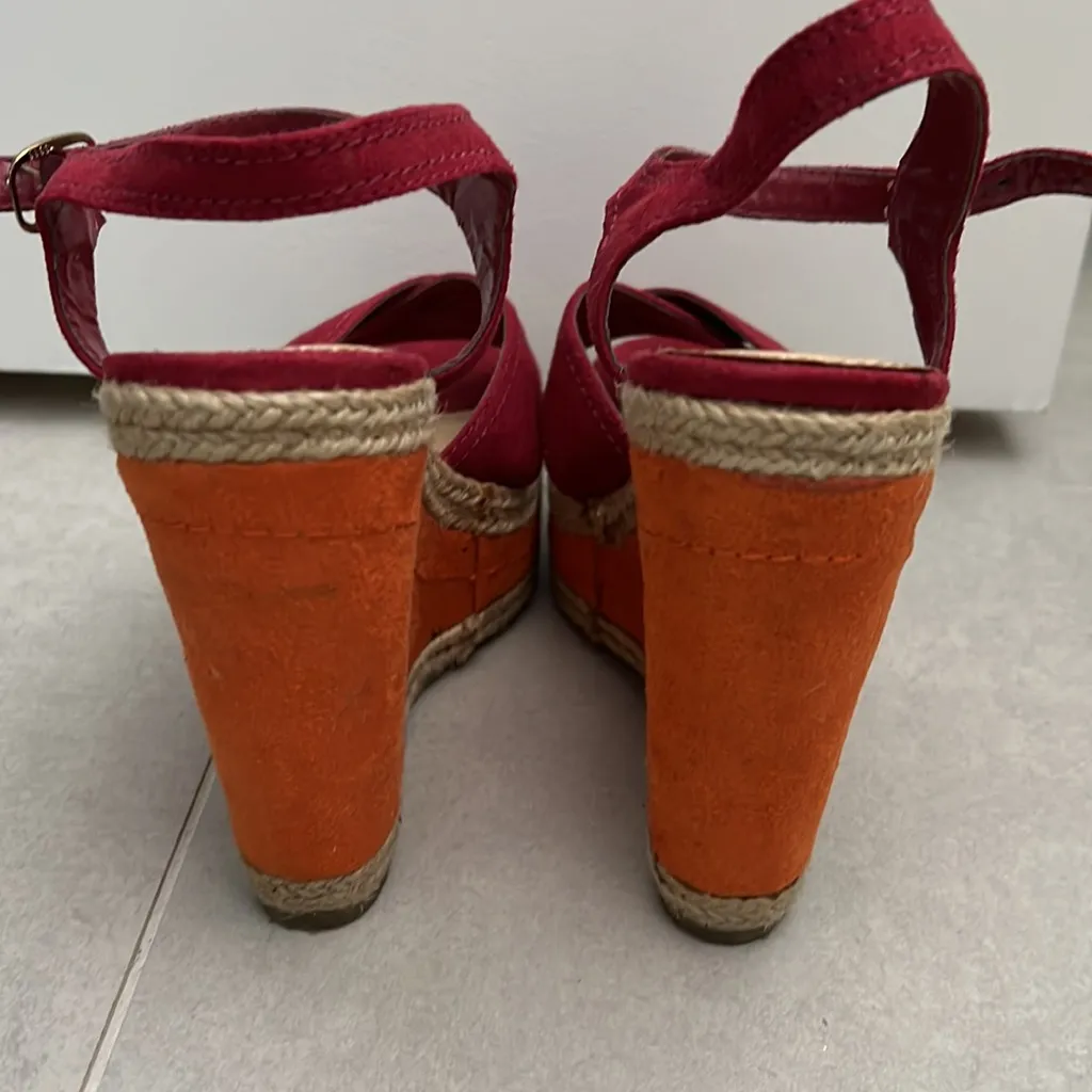 Express women size 6 red and orange wedges color block spring summer sandals - Image 7