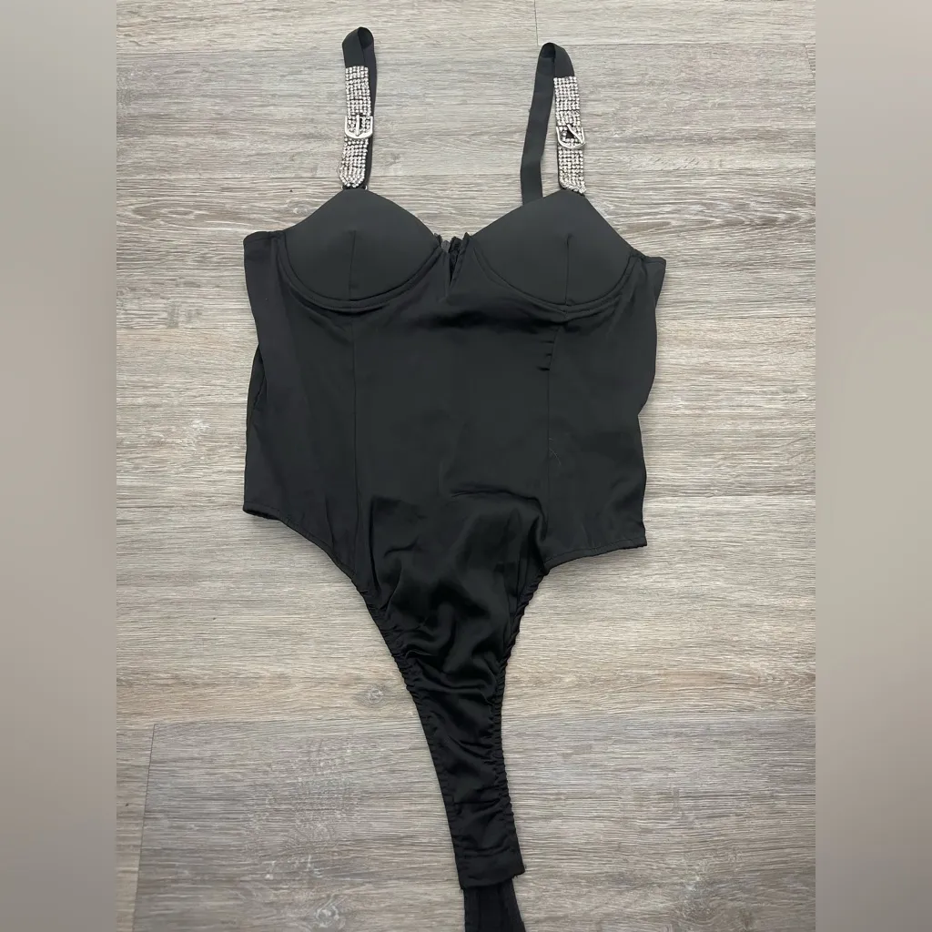 PLT BLACK SATIN RHINESTONE STRAPS BODY US4 - Image 2