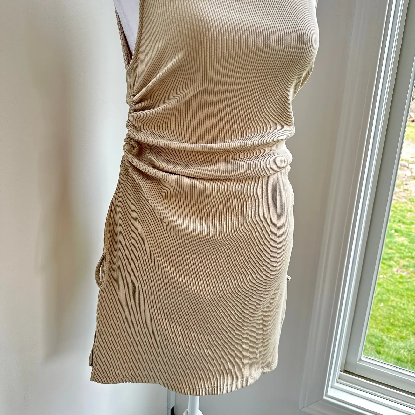Zara Gold Tan Ribbed Side Tie Ruched Sexy Stretch Casual‎ Tank Dress Medium - Image 3
