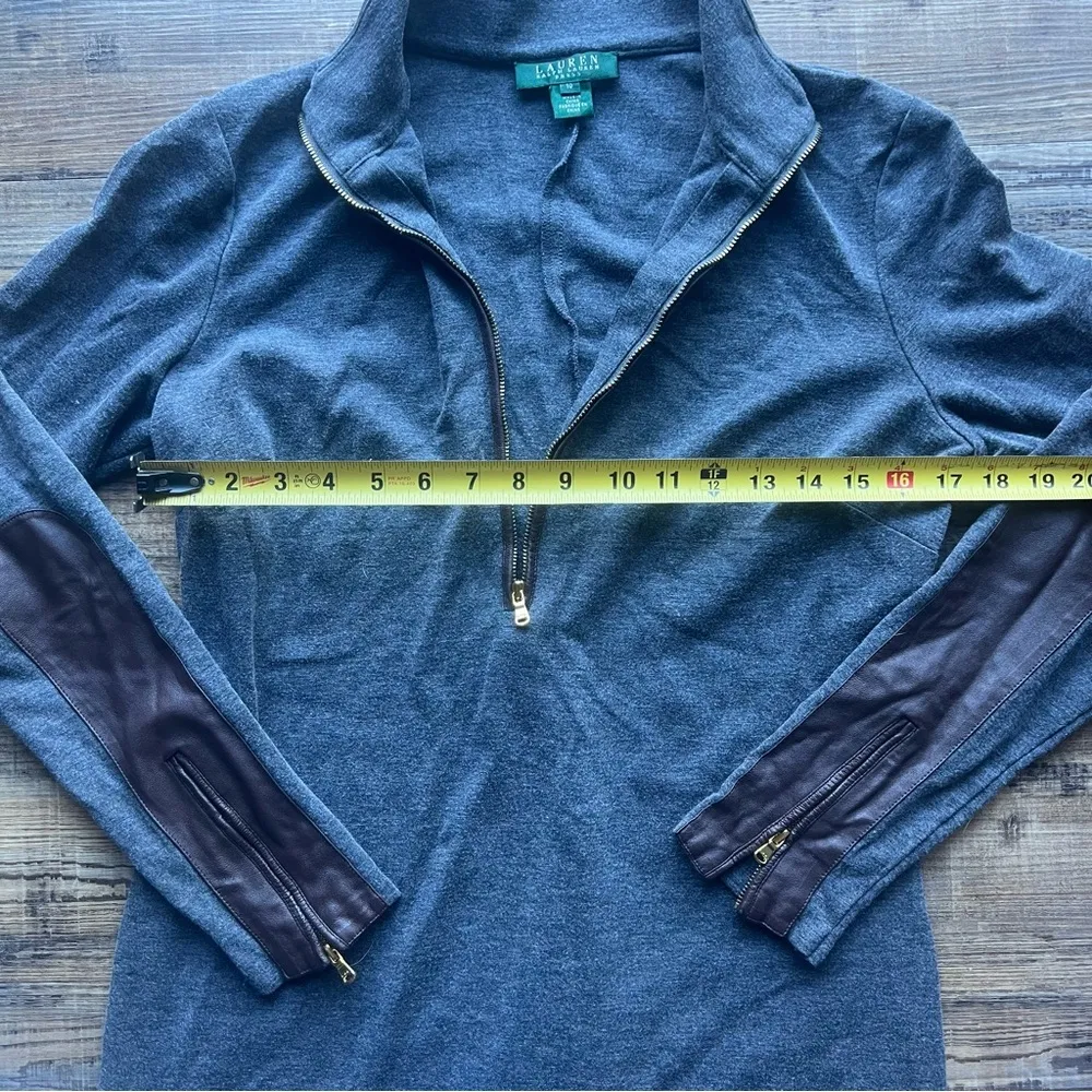 Lauren Ralph Lauren Womens Gray Knit Dress LS Brown Lamb Leather Trim Size 10 - Image 4