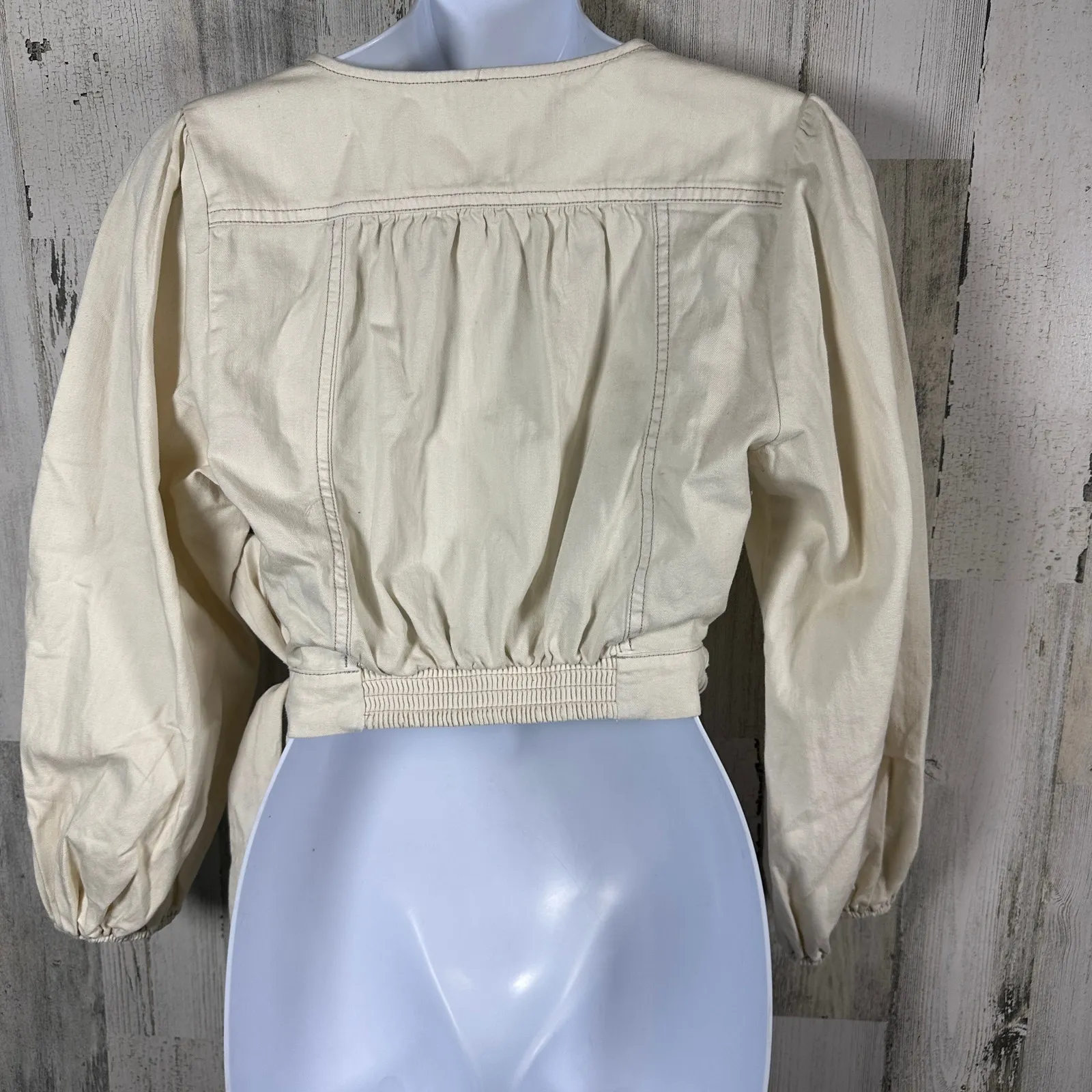 Free People Cotton Denim Wrap Shirt – Cream Long Sleeve Blouse – S - MSRP $128 - Image 2