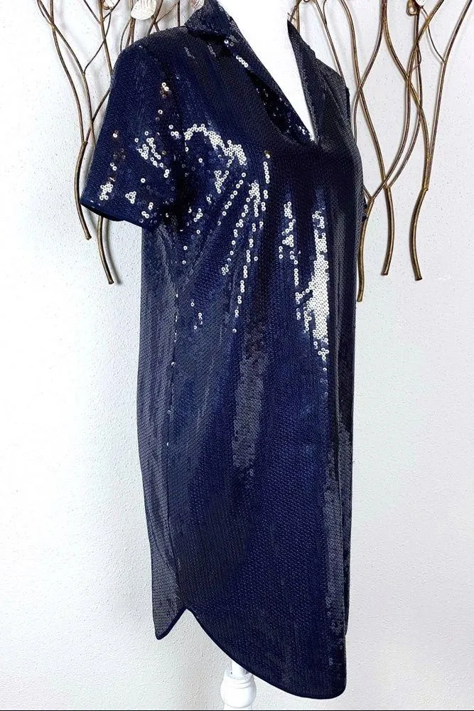Halston Heritage Dark Blue Sequin Short Sleeve Mini Dress - Image 4