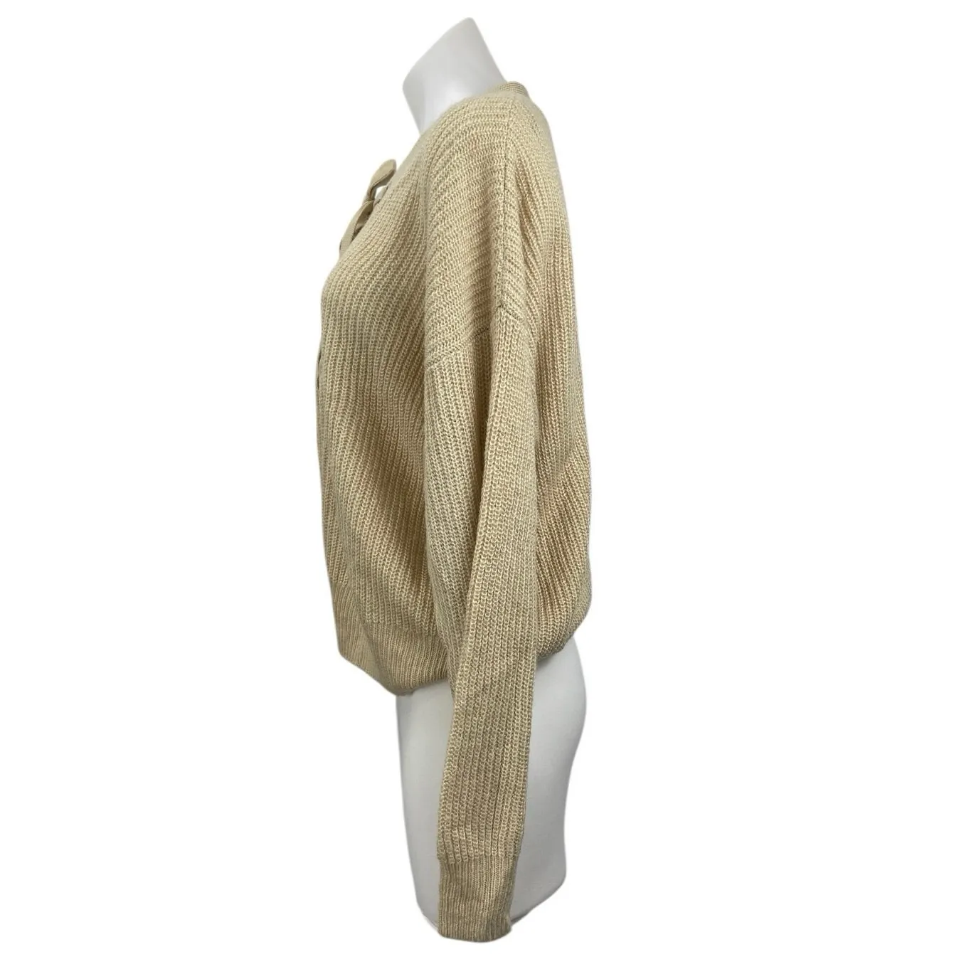 H&M Divided Beige Khaki Tan Long Sleeve Lace Up Ribbed Knit Sweater Top Size L - Image 2