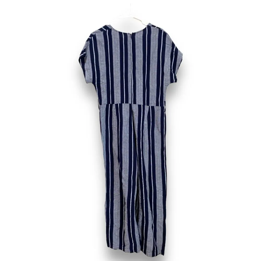 RAILS Angela Mediterranean Stripe Jumpsuit Navy Blue Linen V-Neck Size Medium - Image 4