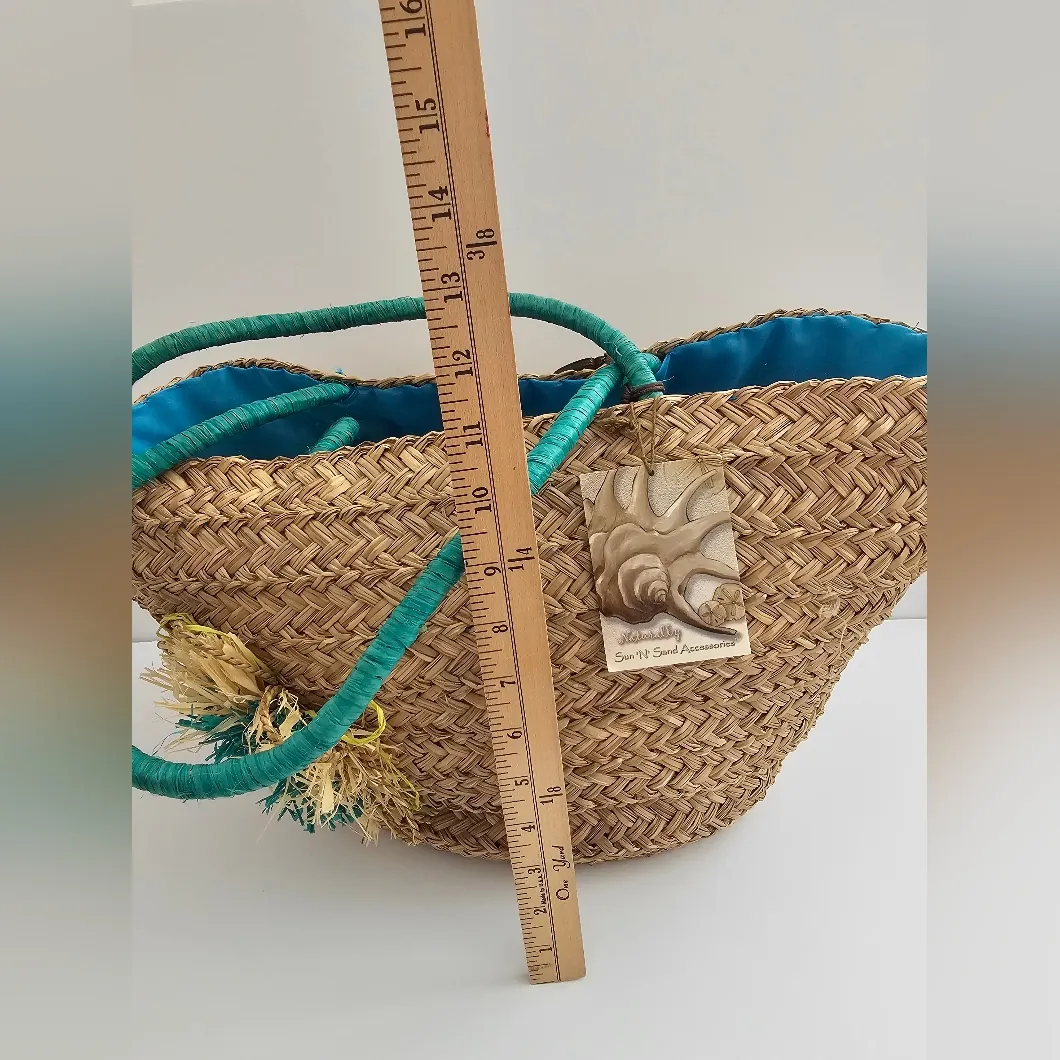 Sun n Sand Large Seagrass Bucket Tote Bag Wooden Round Sand Dollar Charm Blue - Image 6
