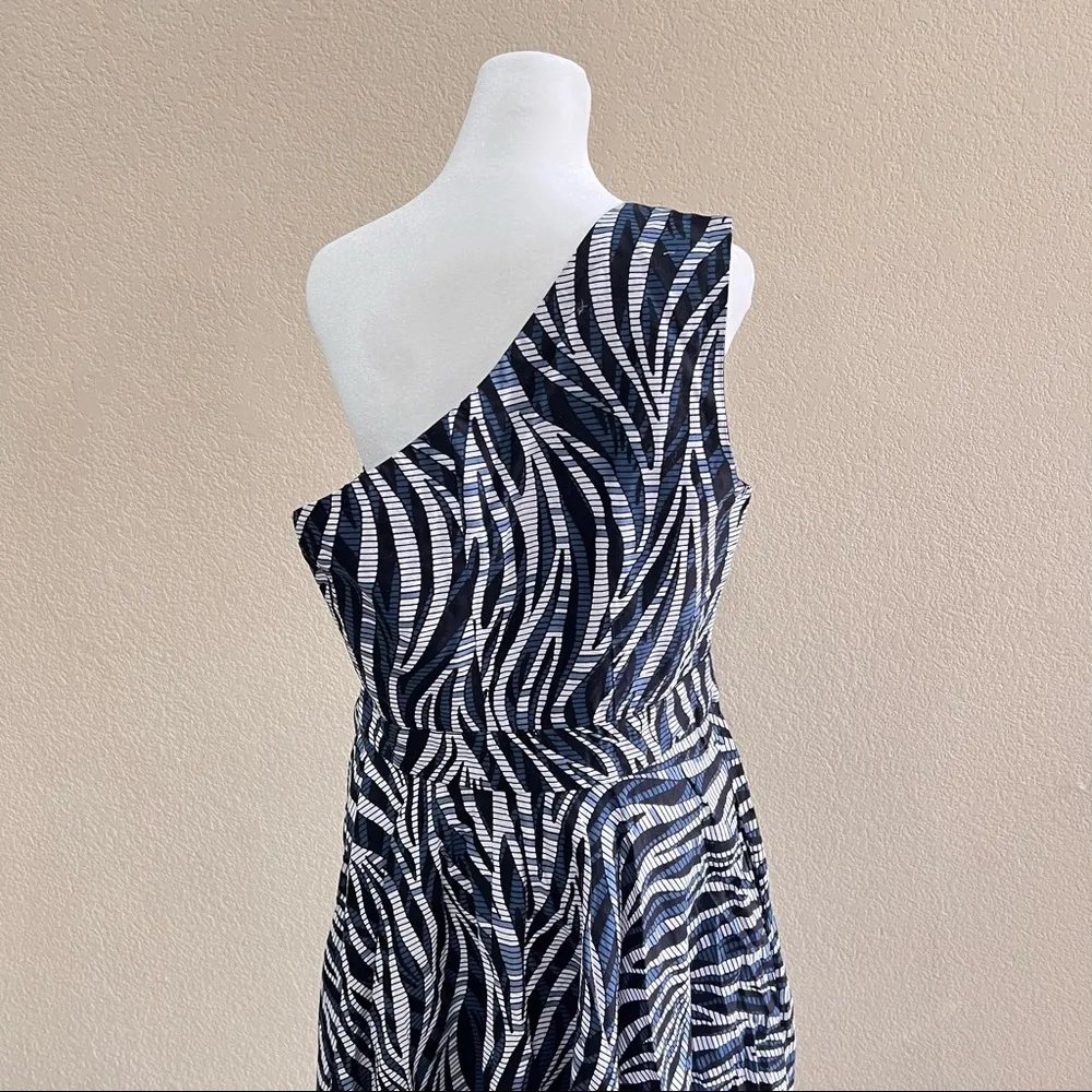 J Brooks Boutique Womens Curvy One Shoulder Geometric Midi Cotton Dress Sz 14 Blue - Image 3