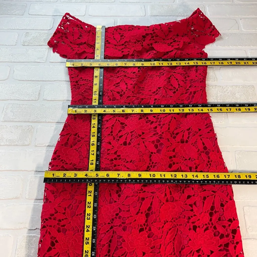 Anthropologie Shoshanna Dress Womens 8 Red Lace Sheath‎ Off Shoulder Fitted Sexy - Image 2