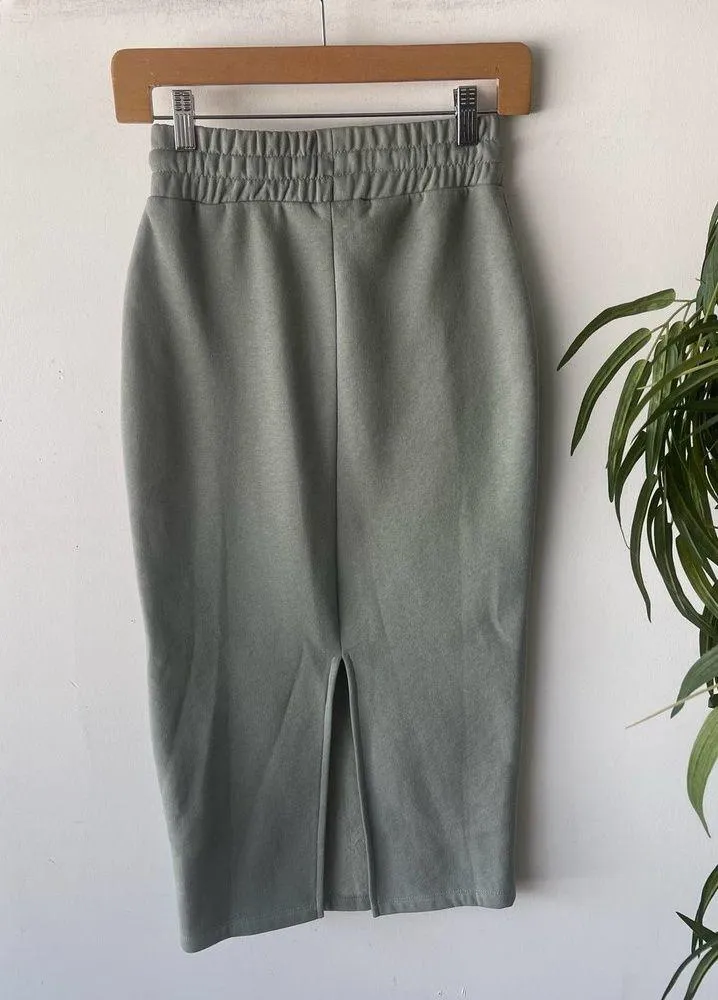 Skirt Womens Small Grey Green Sweat Cotton Midi Minimal Casual Lounge - Image 3
