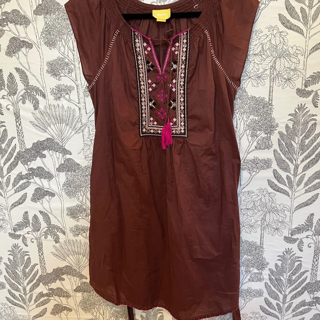 Anthropologie Maeve Chocolate Brown embroidered Cotton tunic dress sz 12 - Image 3