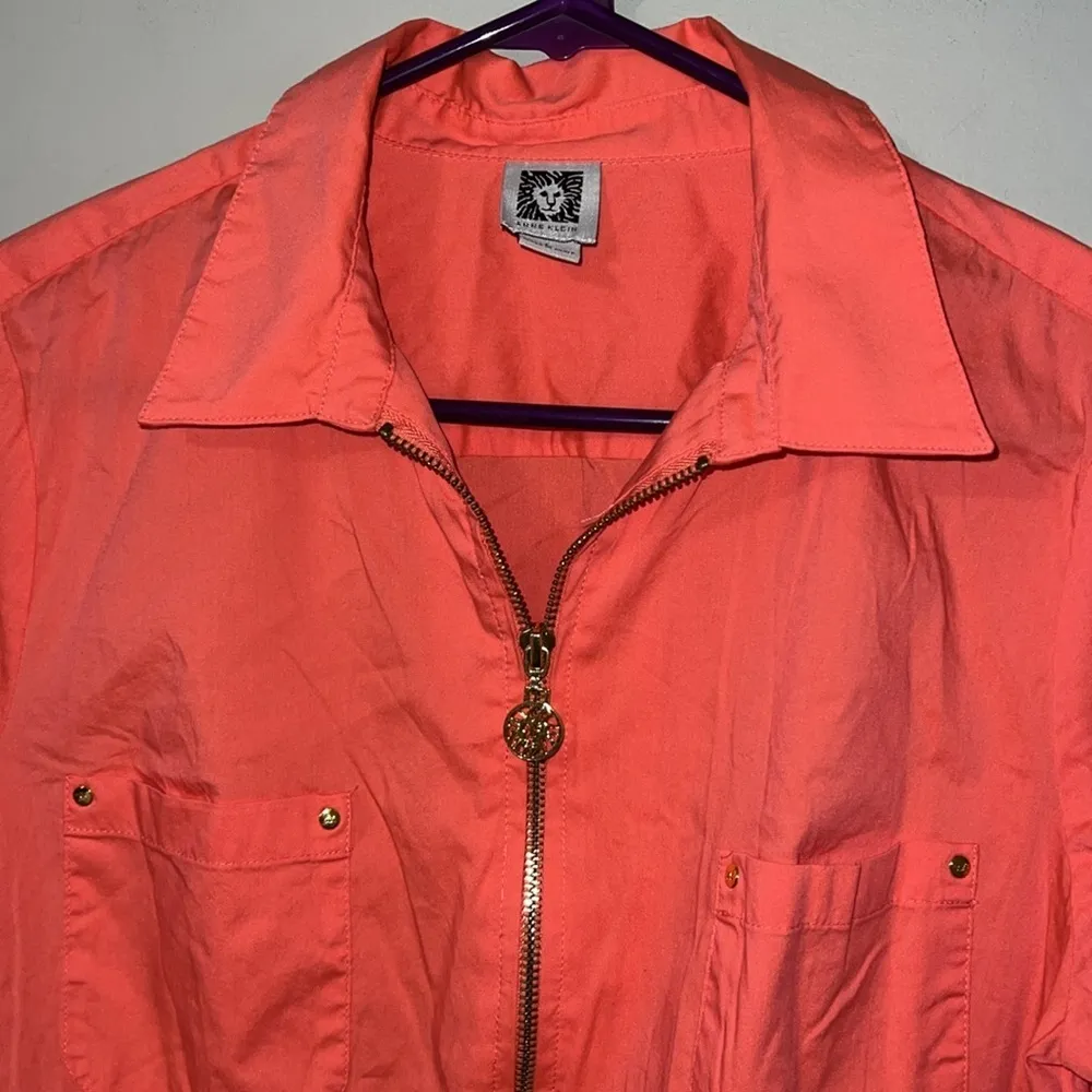 ANNE KLEIN size large women’s coral full zip shirt jacket roll tab sleeves gold - Image 2