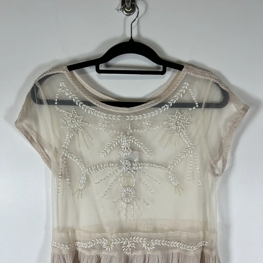 Free‎ People Top Womens Cream Sheer Beaded Mesh Boho Lace Top Size M NWT Boho - Image 2