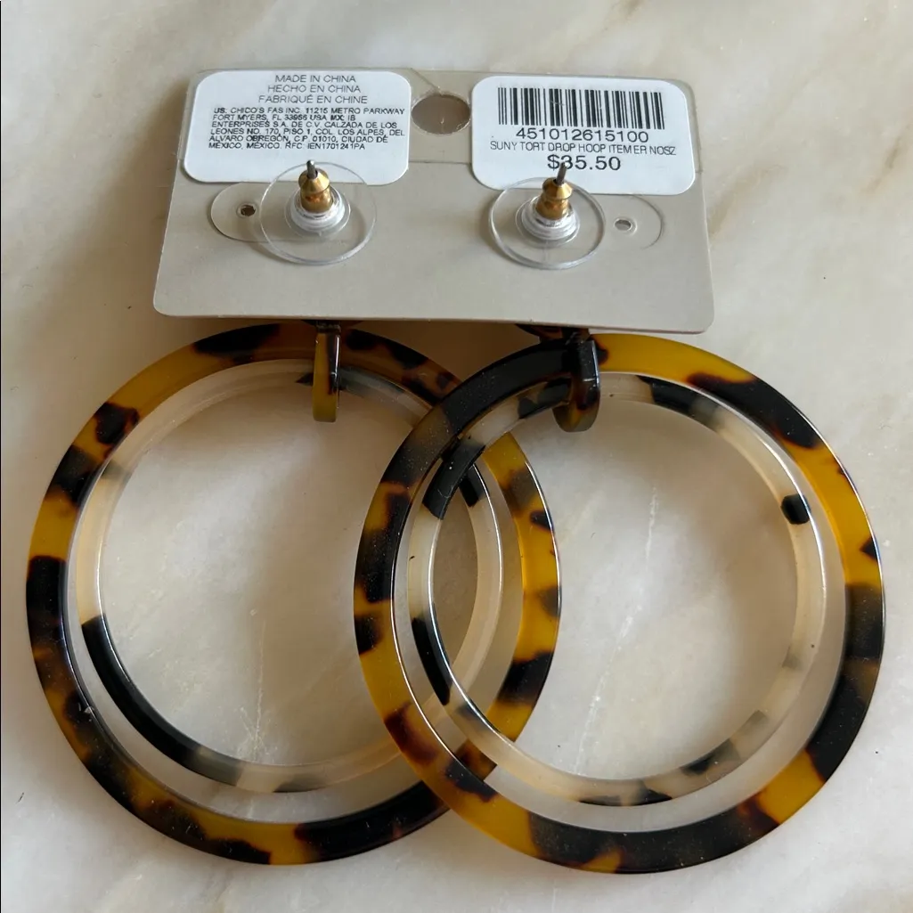 Chico's Women Suny Faux‎ Tortoise Drop Hoop Earrings Nickel Free Lightweight NEW - Image 4