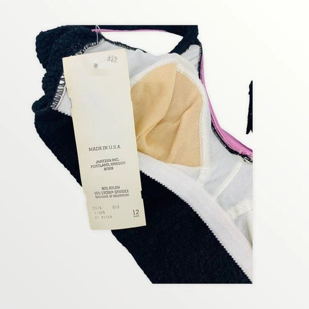 Vintage Jantzen One Piece Swimsuit Solid Black Pink Belted Sz 12 70’s 80’s - Image 7