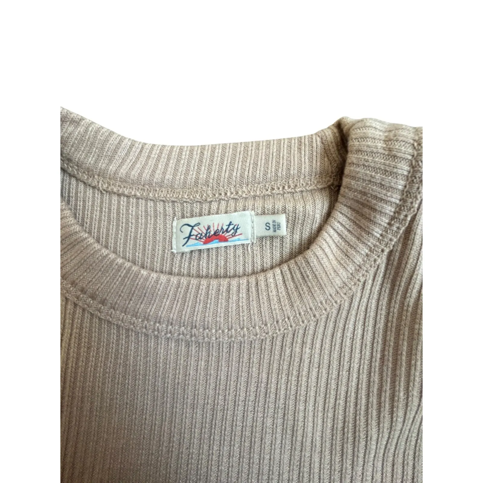 Faherty Layne Ribbed Puff Sleeve T Shirt Top Tan Size Small - Image 3