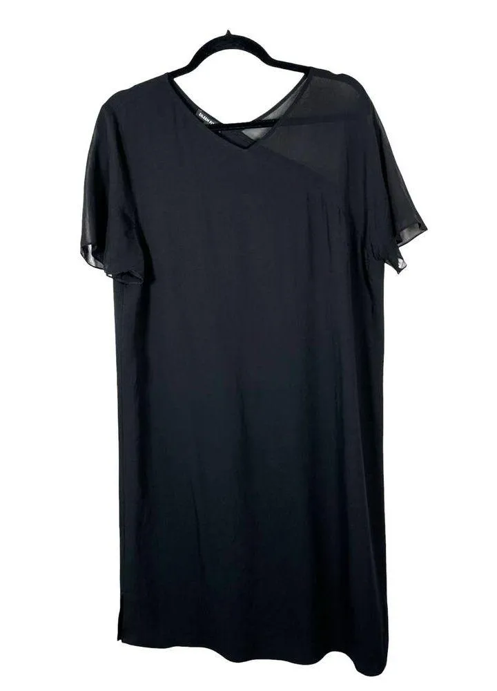 Eileen Fisher 100% Silk Short Sleeve Black Shift Dress Midi Size Medium - Image 2