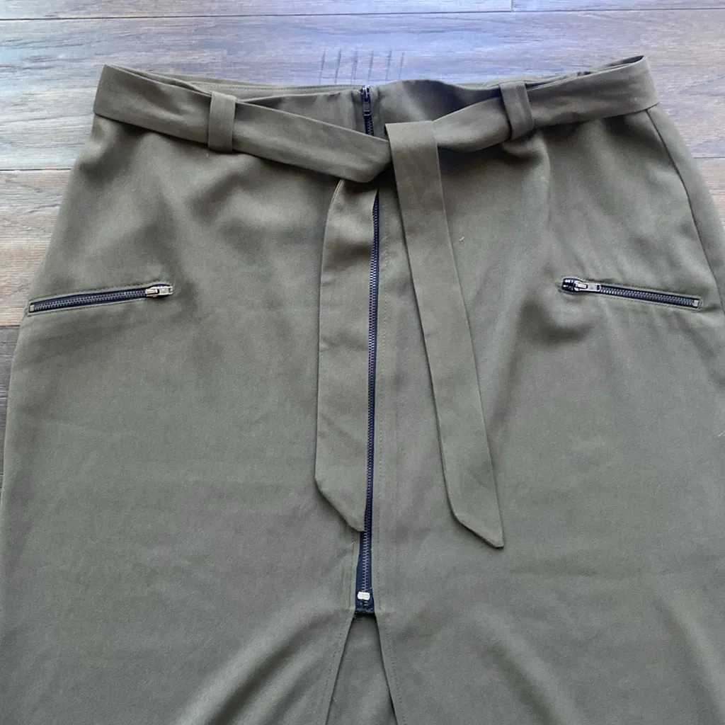 ASOS Midi Skirt with Belt Womens Sz 14 Army Green Olive Zipper Slit Front - Image 2