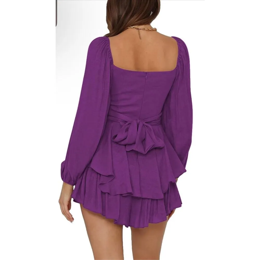 NEW Purple Lantern Long Sleeve Ruffle Layer Tie Mini Short Romper M Size M - Image 2