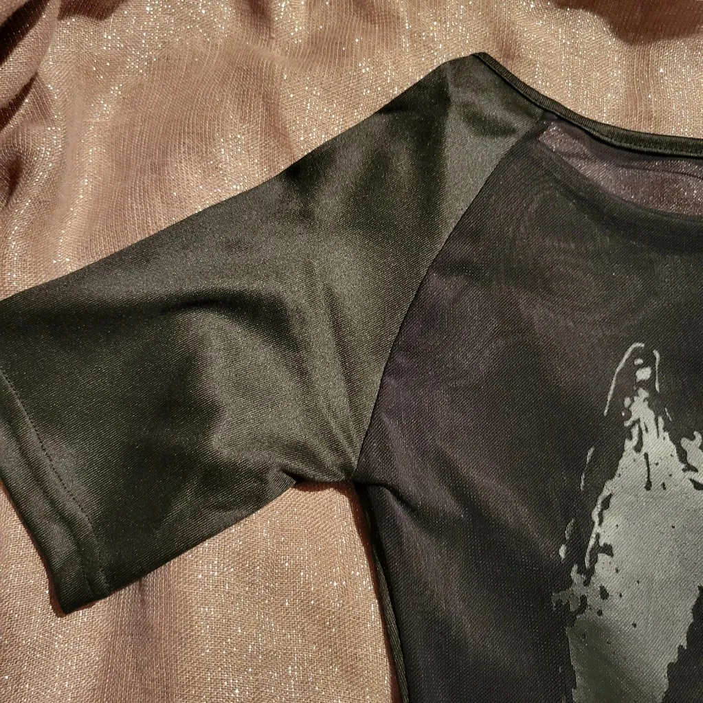 Black flocked Angel Print Mesh Top Green - Image 3