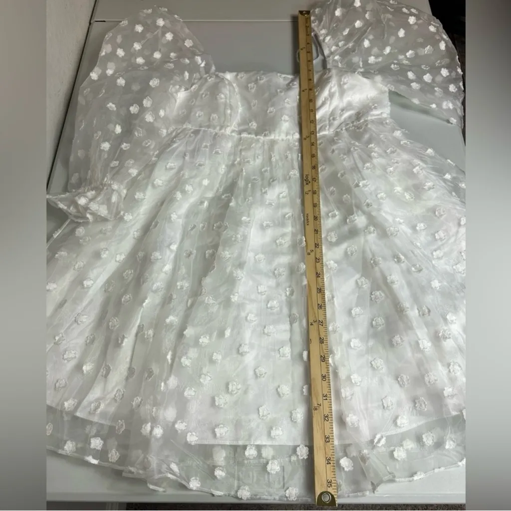 Lulus Effervescent Charm Classic White Organza Floral Babydoll Mini Dress Size M - Image 10