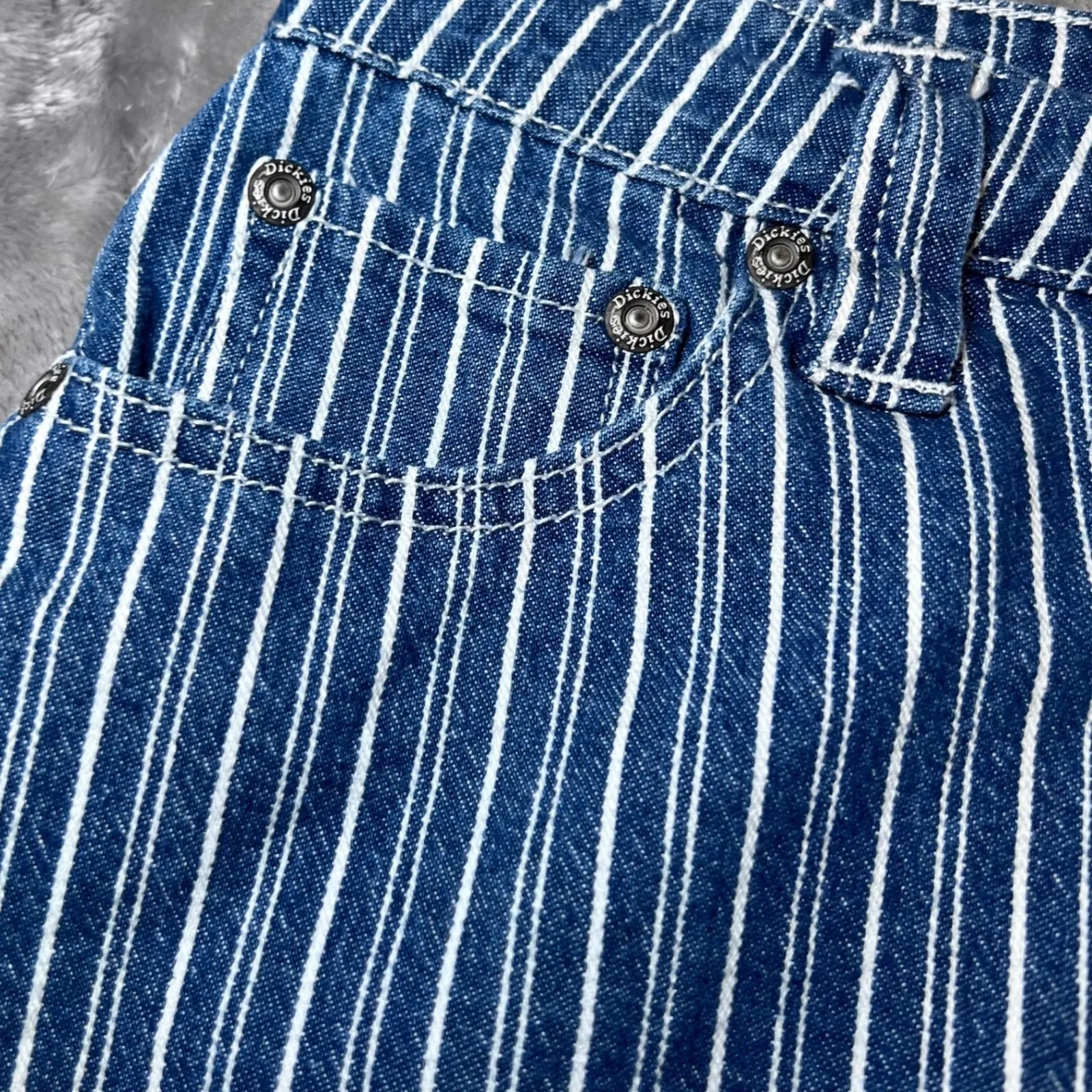 Dickies Girls Button Fly Mini Skirt Womens 1/25 Blue White Striped Denim Y2K - Image 12