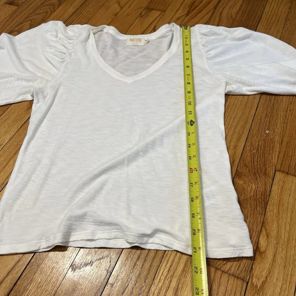 Nation LTD Tabitha Full Sleeve V-Neck Smocked‎ Cuff T-Shirt in Cream White XS - Image 8