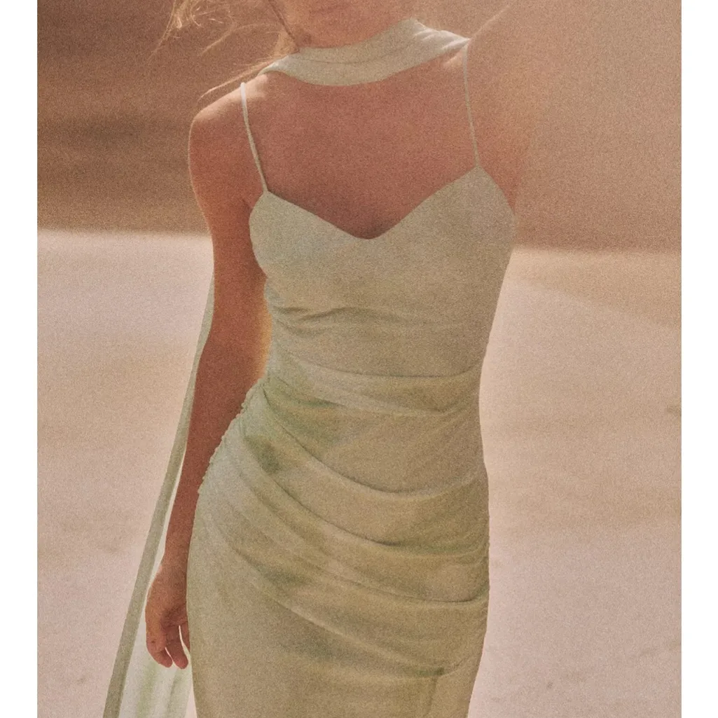 Zara NWT green tie dye tulle mesh ruched, attached scarf midi  occasion dress - Image 3