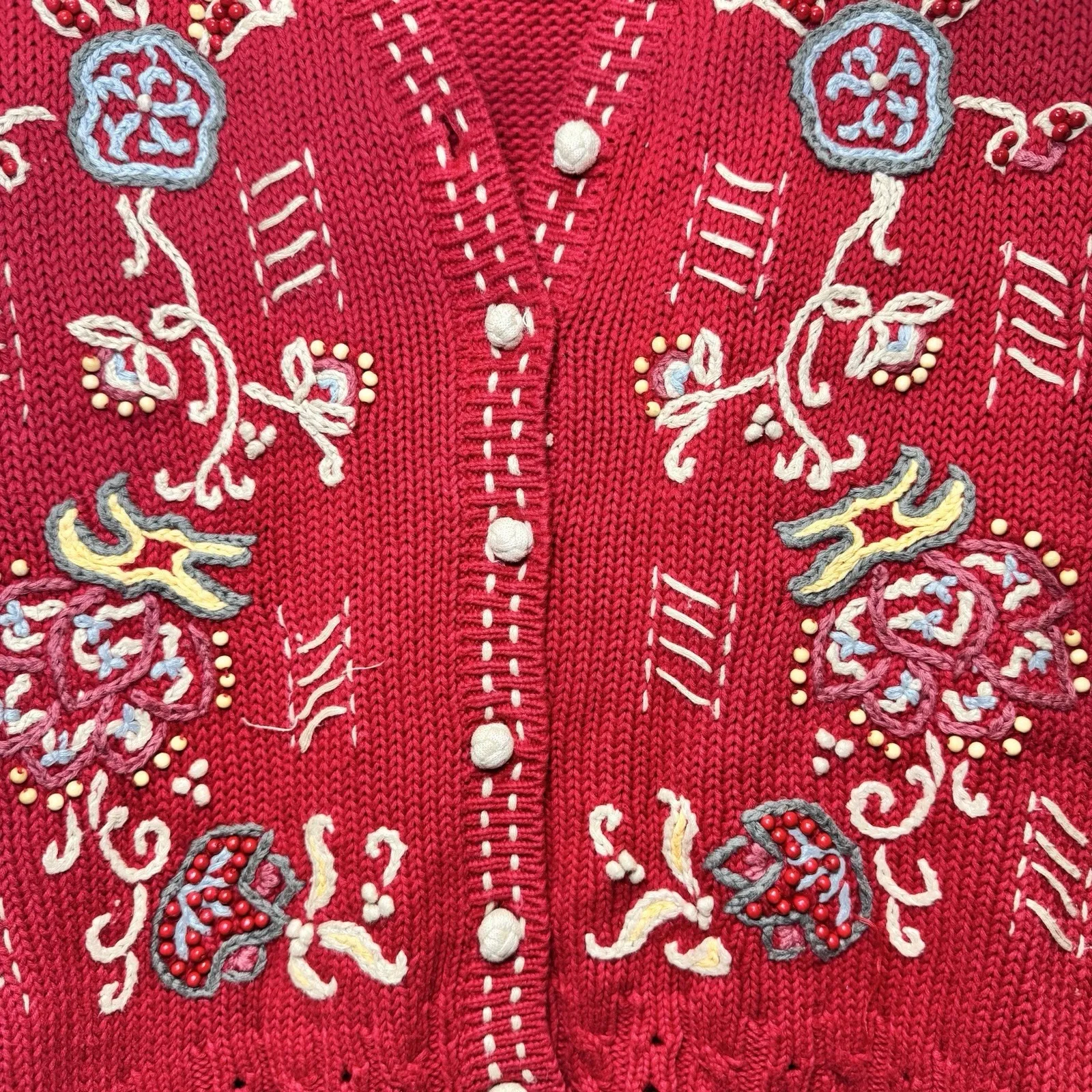 Susan Bristol Sweater Vest Large Red Embroidered Floral Holiday Cottage Cardigan - Image 2