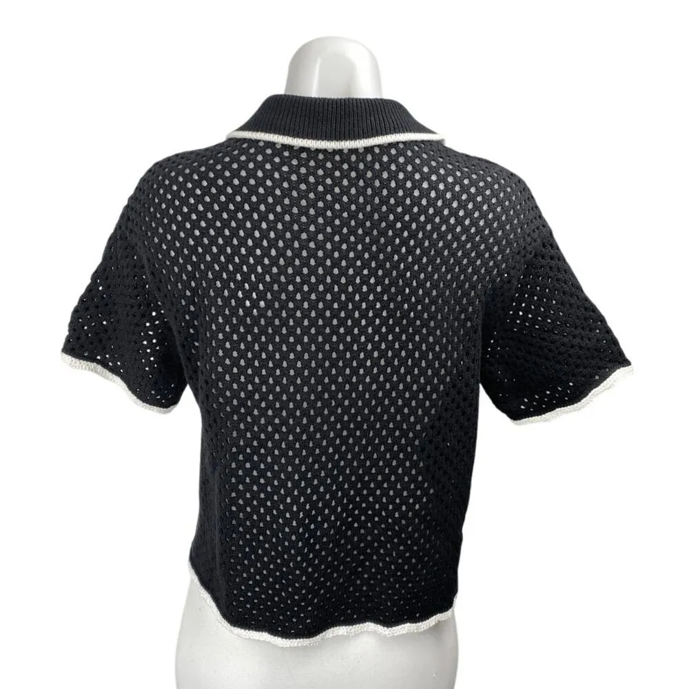 Abercrombie & Fitch Black Crochet Open Knit Short Sleeve Button Up Shirt Top S - Image 2