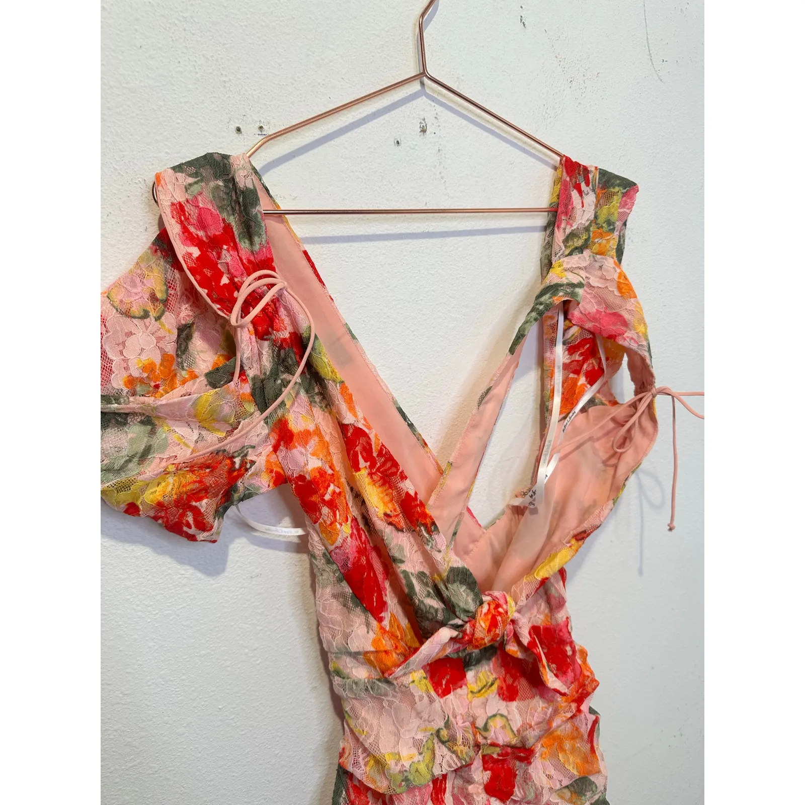 FOR LOVE AND LEMONS Pink Yellow Beth Ruched Corded Fitted Midi Dress size Medium - Image 13