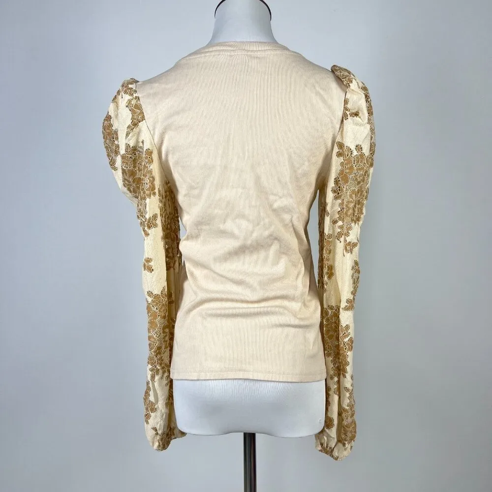 NWOT Anthropologie DOLAN Lace Puff-Sleeve Top Cream Size M Long sleeve - Image 6