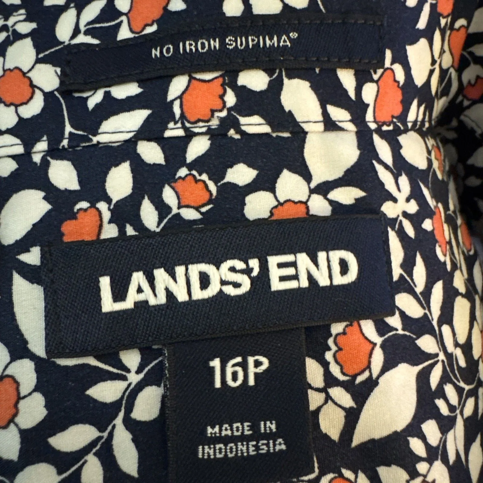 Lands' End Supima Blouse No Iron Women's Button Up Floral Shirt Navy Petite 16P Blue - Image 5