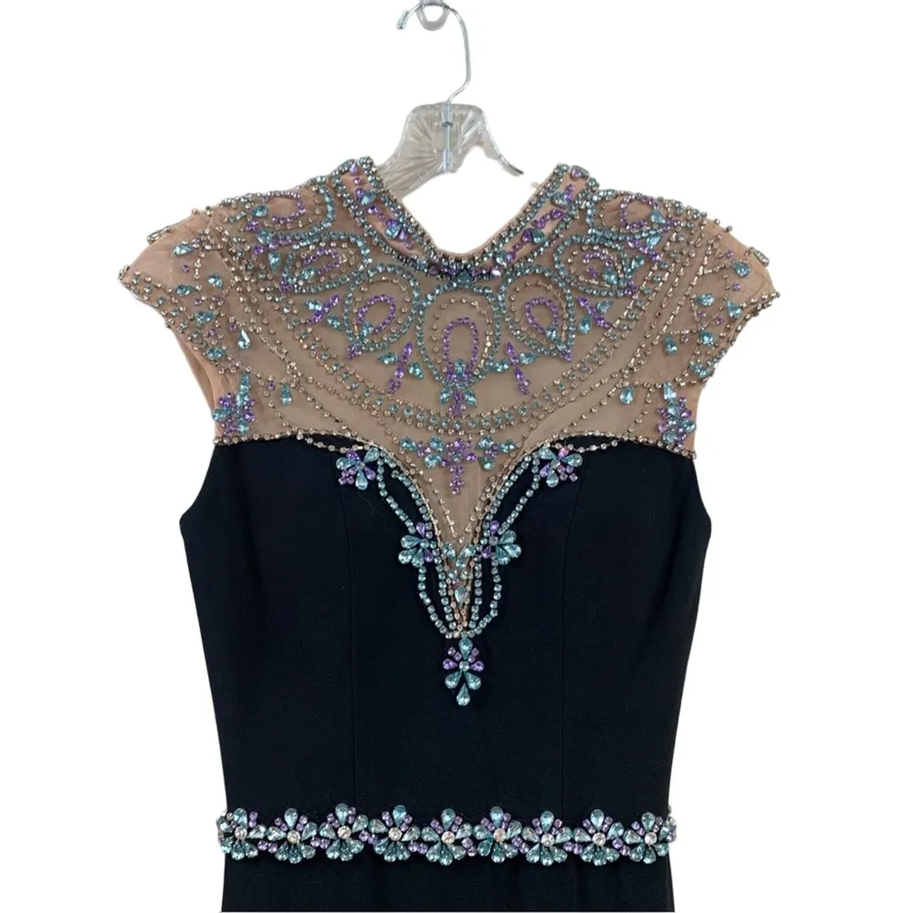 MAC DUGGAL Prom Floral Jeweled High Neck Side Slit Black Gown - Image 3