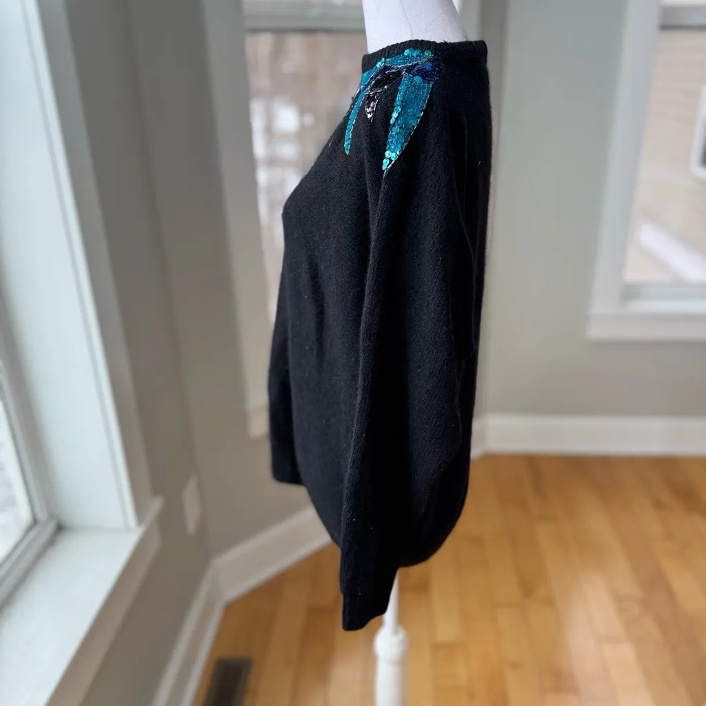 Vintage 80s Diana Marco Black Blue Green Sequin Silk Angora Sweater Size Large - Image 3