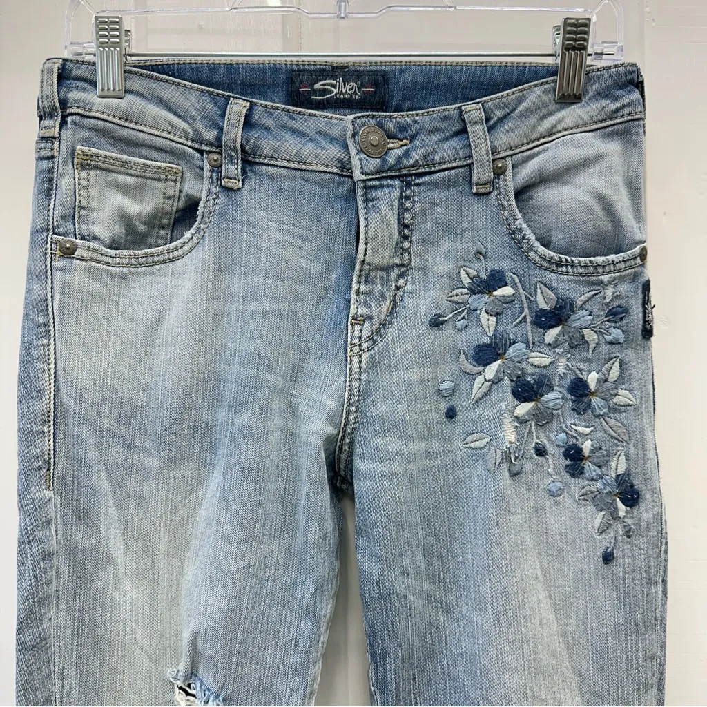 Silver Izzy ankle skinny distressed denim embroidered floral jeans women's 27 - Image 4