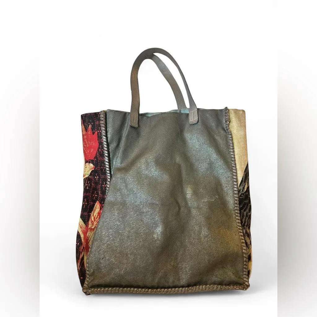 Anthropologie Jasper & Jeera Printed Canvas & Leather Tote Bag Blue - Image 2