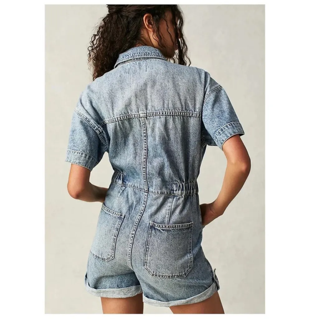 Free People We The Free Marci Shortalls Romper Blue Denim S - Image 2