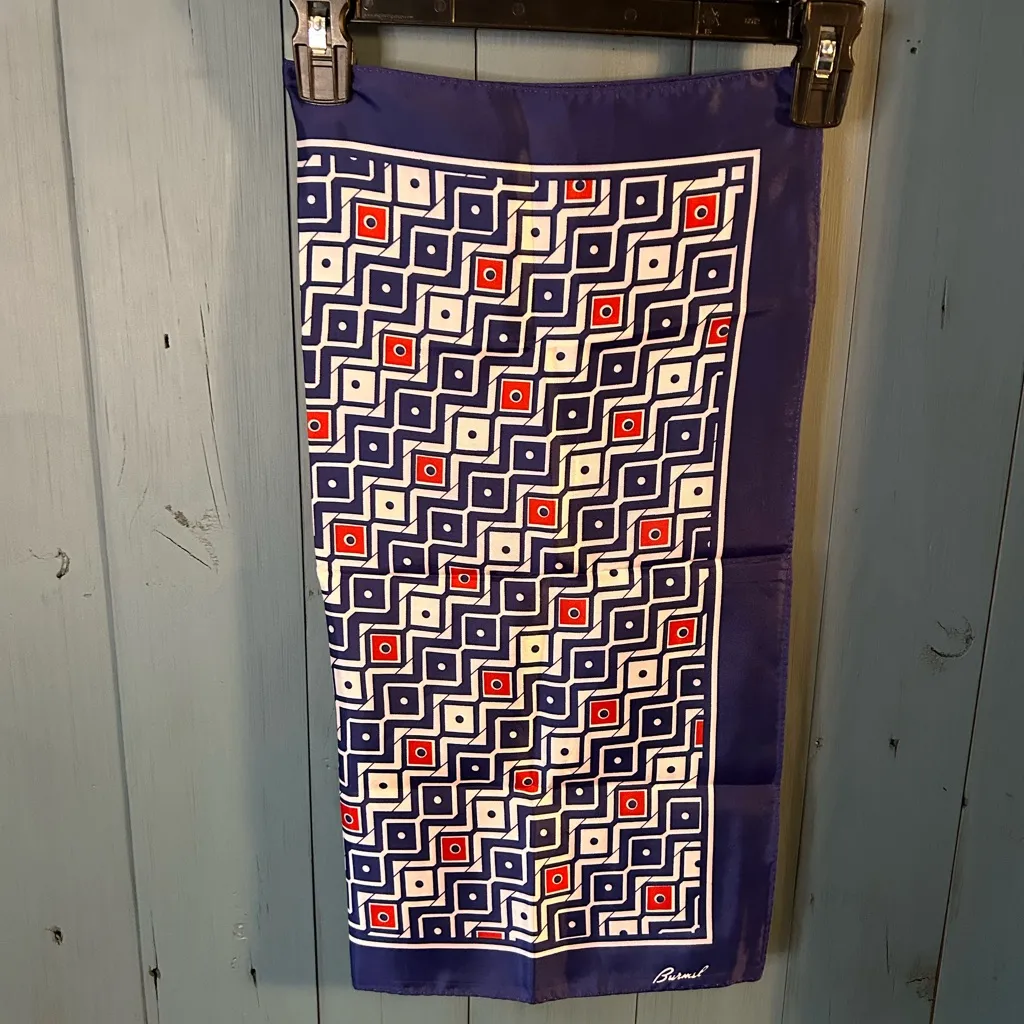 Vintage Burmel Silk Scarf Square 22.5” Red, White & Blue Geometric Patterned - Image 4