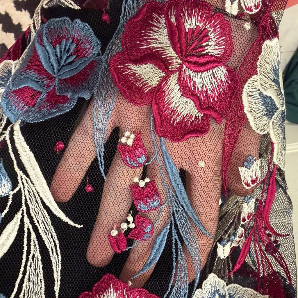 Vintage Embroidered Floral Maxi Dress Sheer Mesh Prairie Folk Cottagecore Black - Image 8