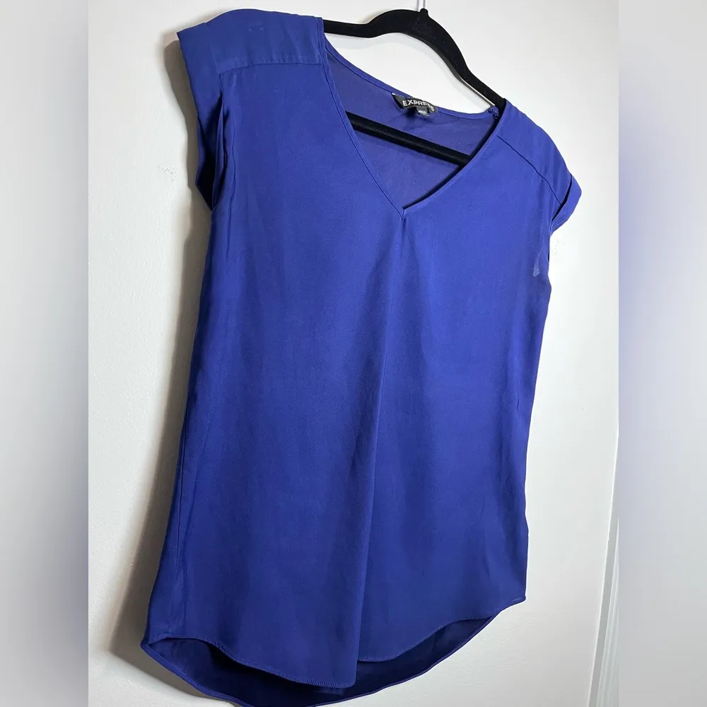 EXPRESS Flowy Chiffon Royal Blue Cap Sleeve V-Neck Women’s Shirt Top Sz XS EUC - Image 2