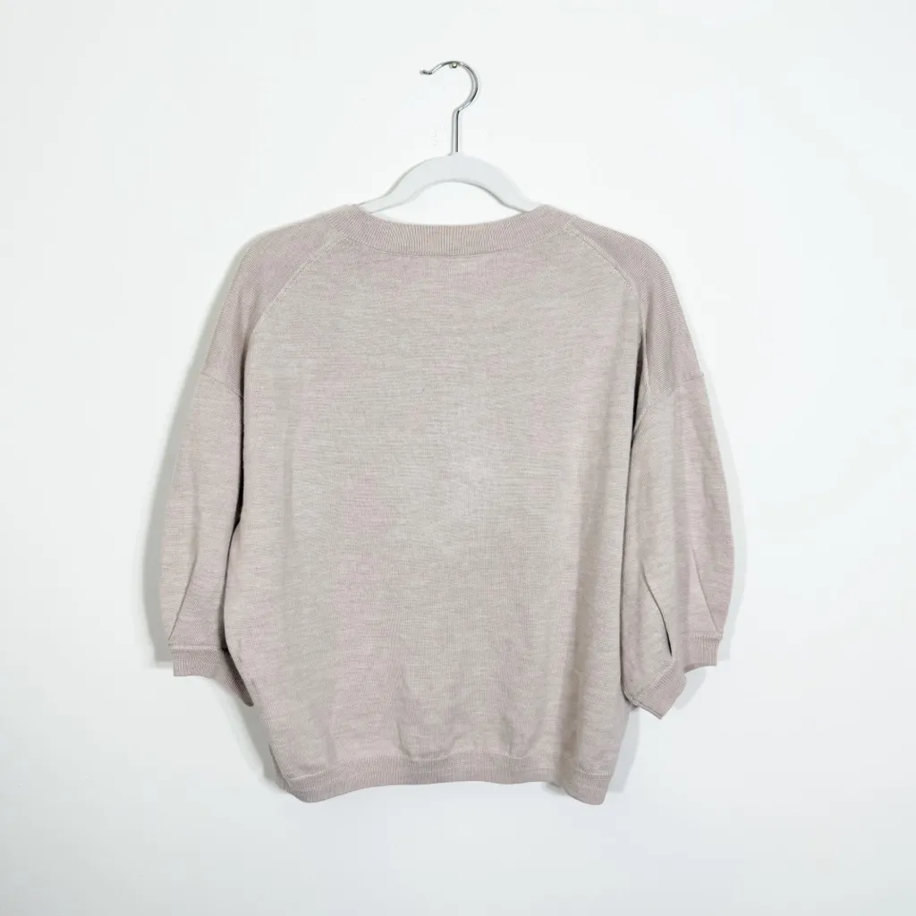 The Reset R Label 100% Wool Puff Sleeve Split Neck Sweater Beige Cream Medium Tan - Image 3